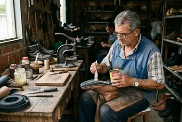 Sapateiro colando a sola de um calçado descolado em Santa Rita.