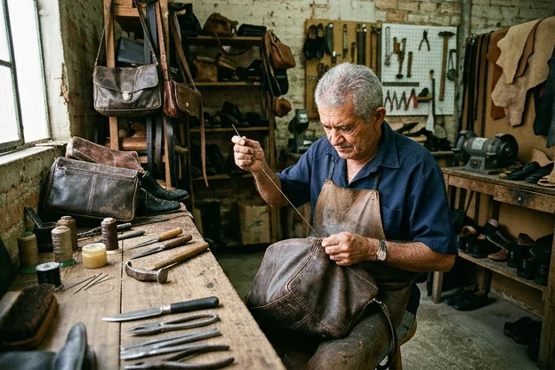 Sapateiro reformando uma bolsa de couro em Santa Rita.