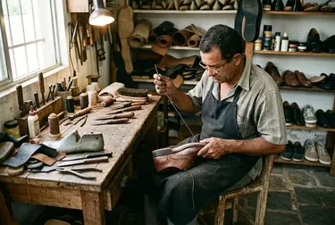Sapateiro realizando a reforma de um sapato social em Santa Rita.