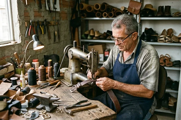 Sapateiro consertando um cinto de couro em Santa Rita.