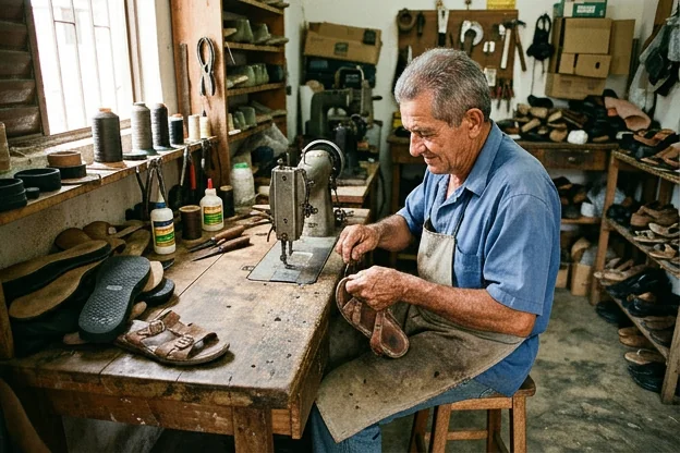 Sapateiro consertando uma sandália em Santa Rita.
