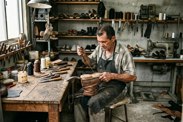Sapateiro realizando a manutenção em um calçado em Santa Rita.