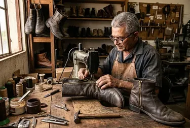 Sapateiro consertando o zíper de uma bota em Santa Rita.