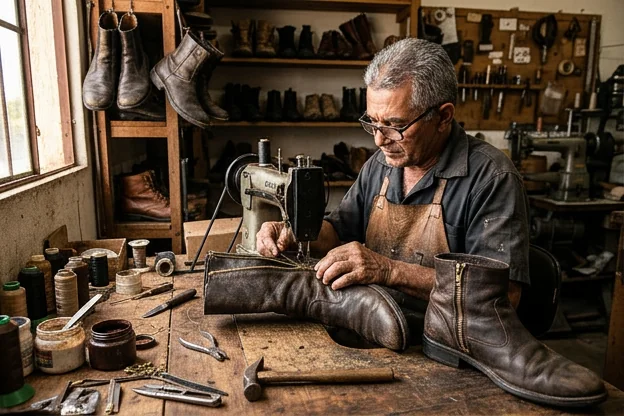 Sapateiro consertando o zíper de uma bota em Santa Rita.