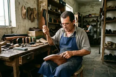 Sapateiro realizando costura em calçado na cidade de Santa Rita.