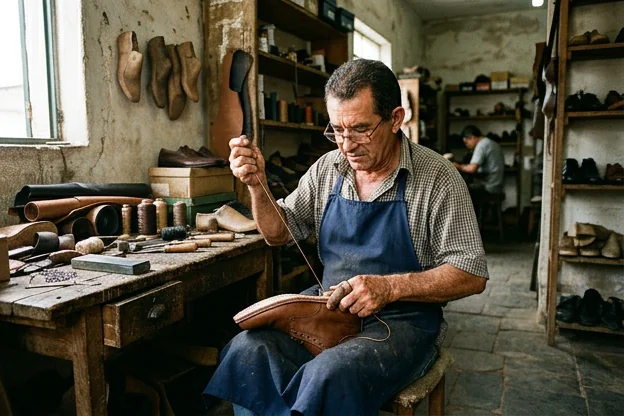 Sapateiro realizando costura em calçado na cidade de Santa Rita.
