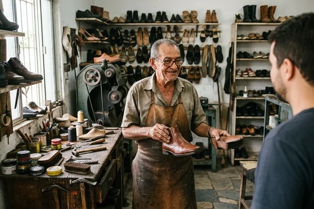 Sapateiro apresentando diferentes calçados em Santa Rita, destacando conforto e estilo.