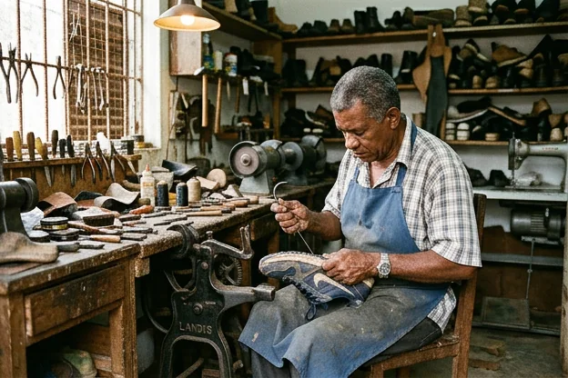 Sapateiro consertando um tênis na cidade de Santa Rita.